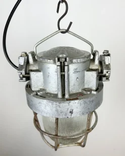 New Pamono Soviet Industrial Cast Aluminium Bunker Pendant Light with Iron Grid, 1960s