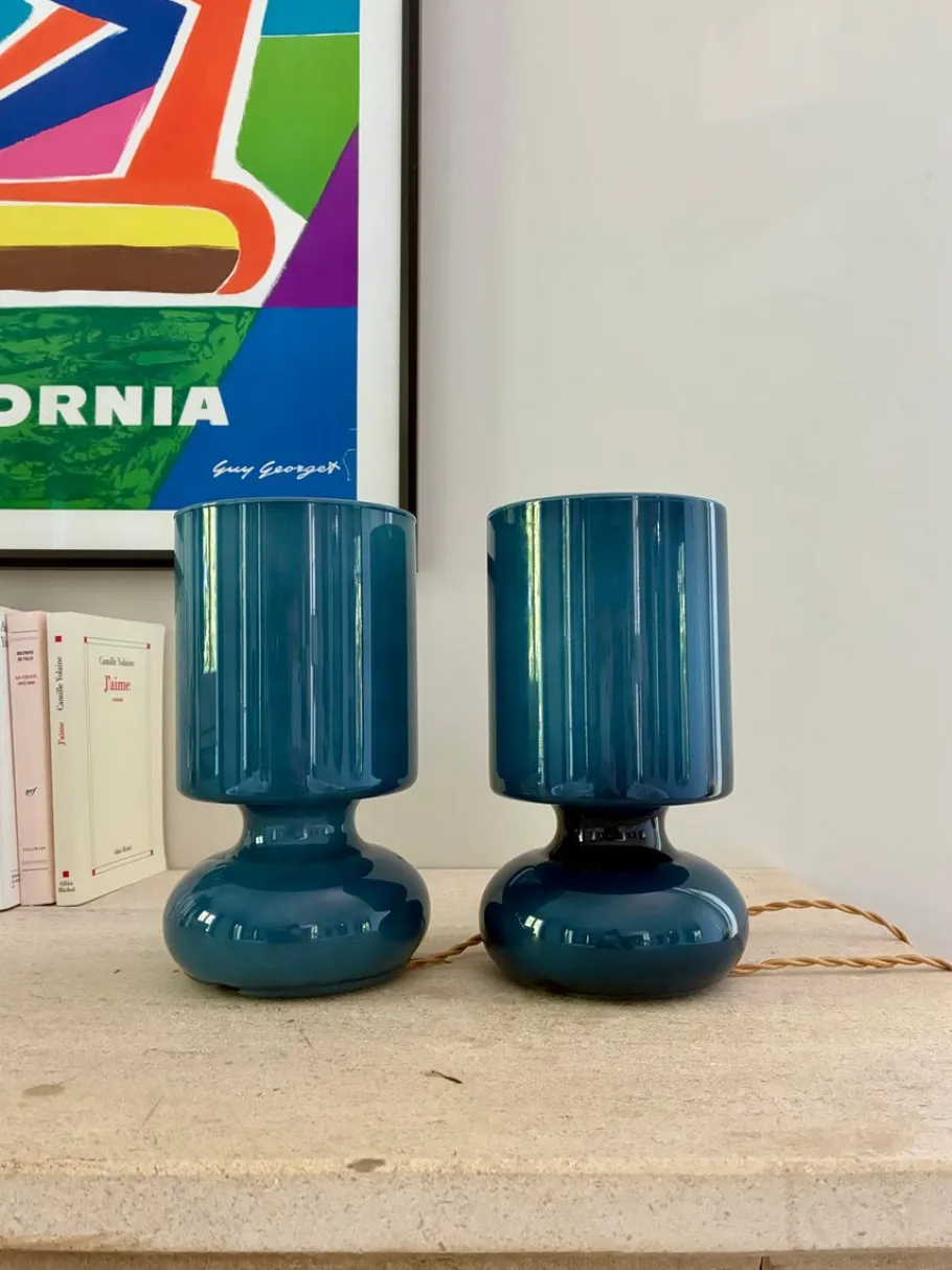 Discount Pamono Space Age Blue Glass Bedside Lamps, 1980, Set of 2