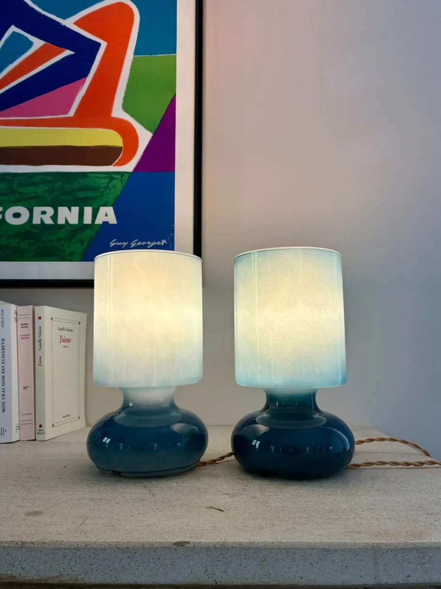 Discount Pamono Space Age Blue Glass Bedside Lamps, 1980, Set of 2