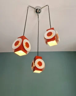 Hot Pamono Space Age Cascade Chandelier in Orange and White Lacquered Metal from Raak, 1970s