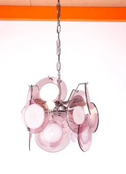 Discount Pamono Space Age Disc Chandelier with Pink and White Hand-Blown Murano Glass Pendants by Gino Vistosi, 1970s