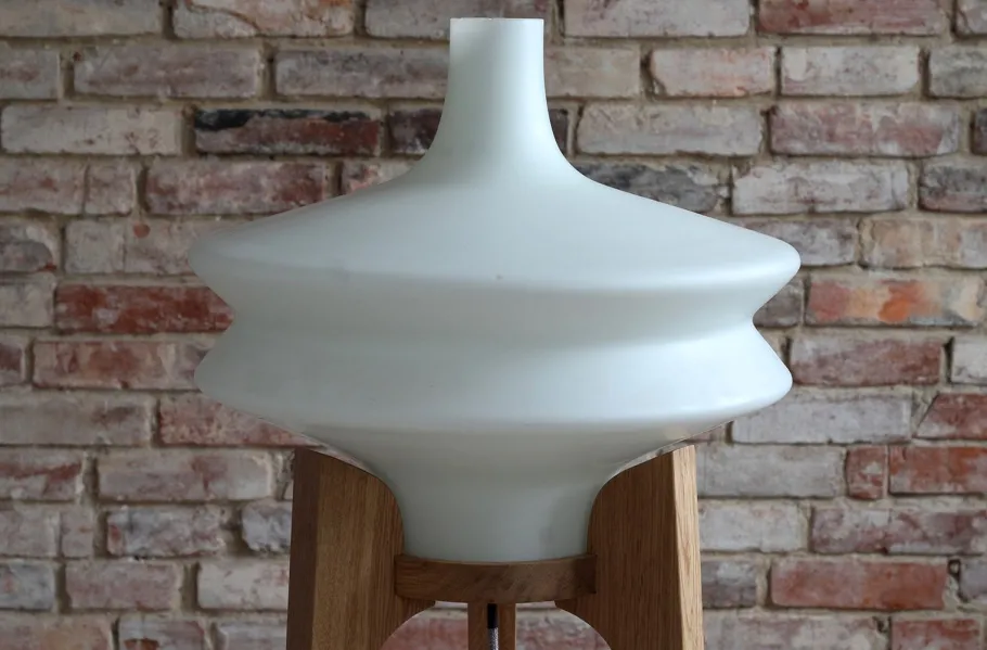 Outlet Pamono Space Age Floor Lamp with White Glass Lampshade and Wooden Tripod Base, Czechoslovakia, 1960s