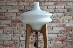 Outlet Pamono Space Age Floor Lamp with White Glass Lampshade and Wooden Tripod Base, Czechoslovakia, 1960s
