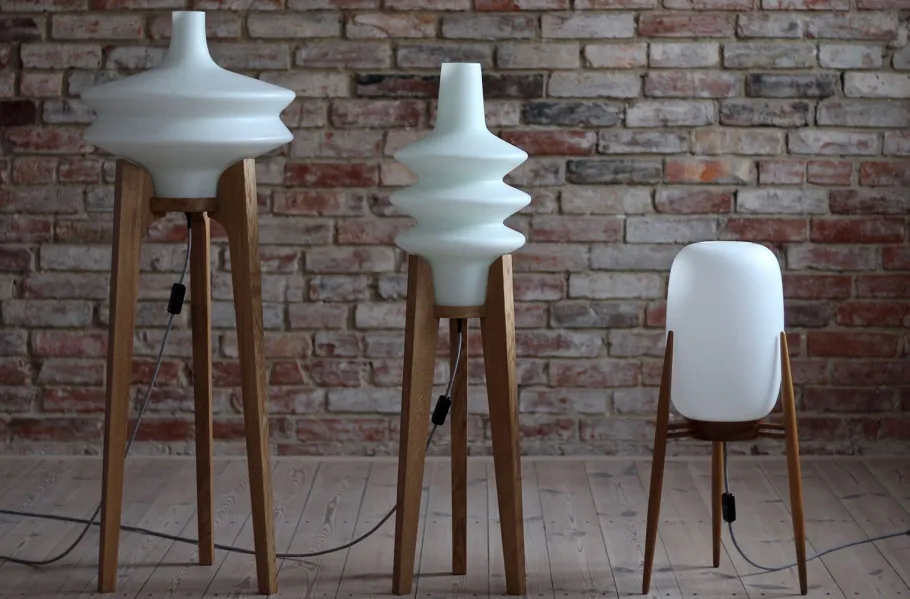 Outlet Pamono Space Age Floor Lamp with White Glass Lampshade and Wooden Tripod Base, Czechoslovakia, 1960s