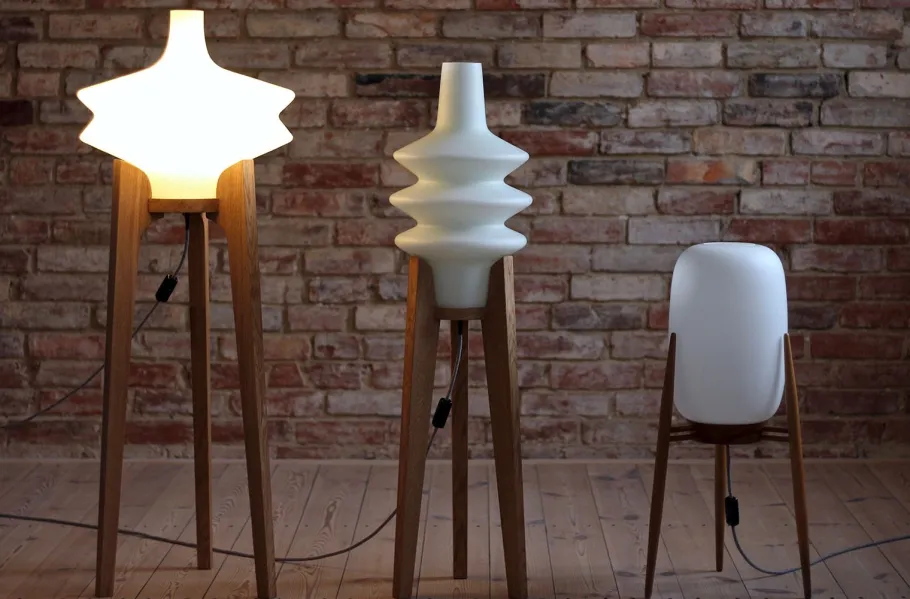 Outlet Pamono Space Age Floor Lamp with White Glass Lampshade and Wooden Tripod Base, Czechoslovakia, 1960s