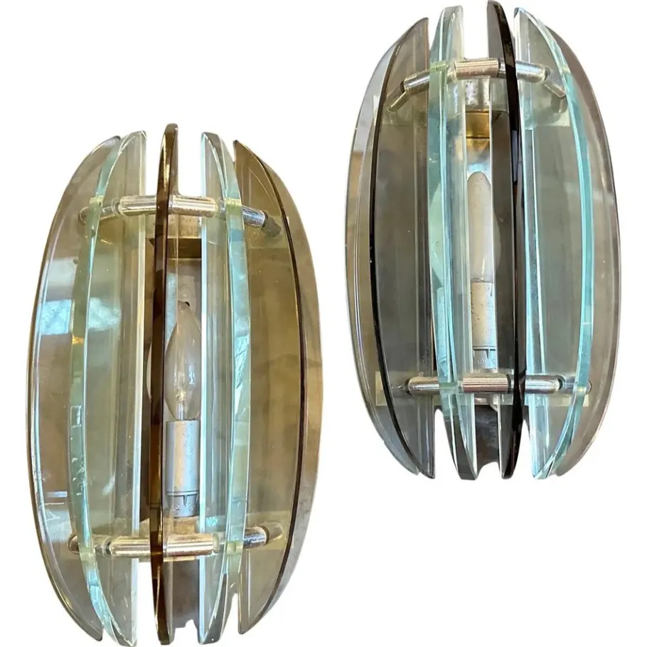 Hot Pamono Space Age Italian Green and Smoked Glass Wall Sconces by Veca, 1960s, Set of 2