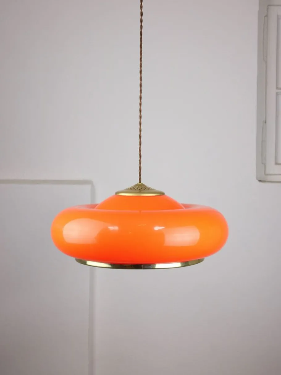 New Pamono Space Age Orange Brass and Acrylic Glass Pendant Lamp, 1970s