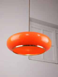 New Pamono Space Age Orange Brass and Acrylic Glass Pendant Lamp, 1970s