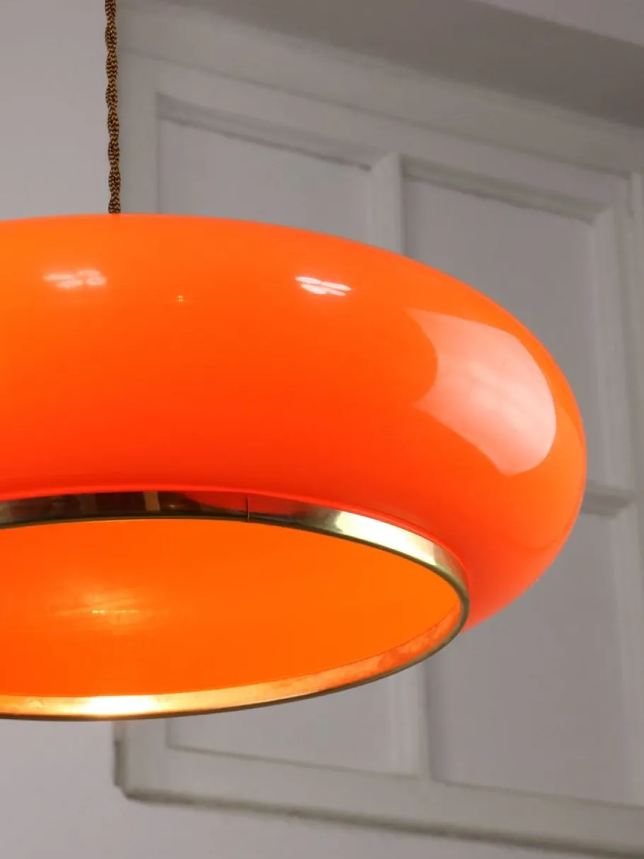New Pamono Space Age Orange Brass and Acrylic Glass Pendant Lamp, 1970s