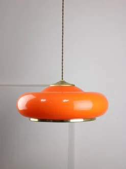 New Pamono Space Age Orange Brass and Acrylic Glass Pendant Lamp, 1970s