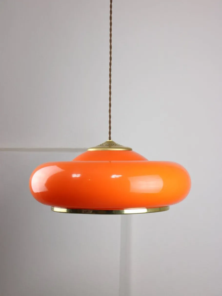New Pamono Space Age Orange Brass and Acrylic Glass Pendant Lamp, 1970s