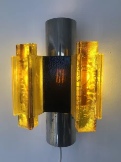 New Pamono Space Age Yellow Acrylic and Chrome Wall Lights by Claus Bolby, 1970s, Set of 2
