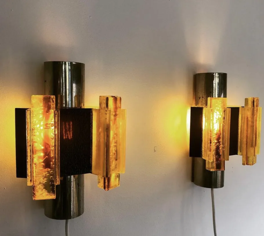 New Pamono Space Age Yellow Acrylic and Chrome Wall Lights by Claus Bolby, 1970s, Set of 2