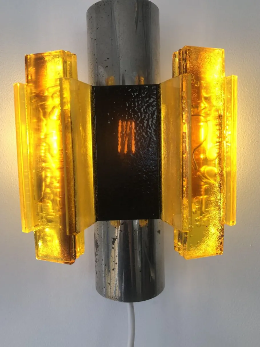 New Pamono Space Age Yellow Acrylic and Chrome Wall Lights by Claus Bolby, 1970s, Set of 2