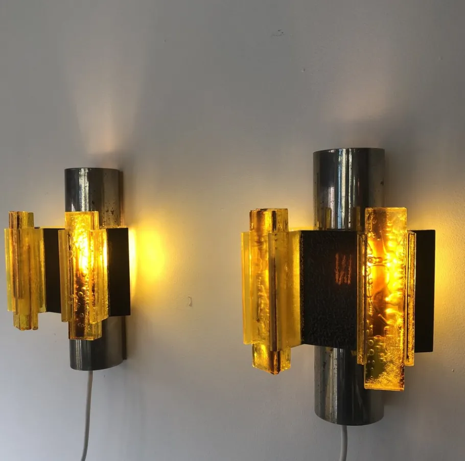 New Pamono Space Age Yellow Acrylic and Chrome Wall Lights by Claus Bolby, 1970s, Set of 2