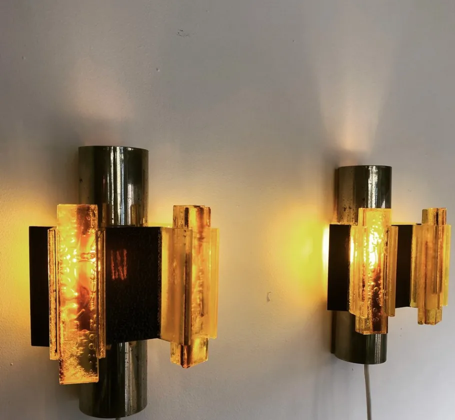 New Pamono Space Age Yellow Acrylic and Chrome Wall Lights by Claus Bolby, 1970s, Set of 2