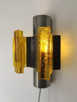 New Pamono Space Age Yellow Acrylic and Chrome Wall Lights by Claus Bolby, 1970s, Set of 2