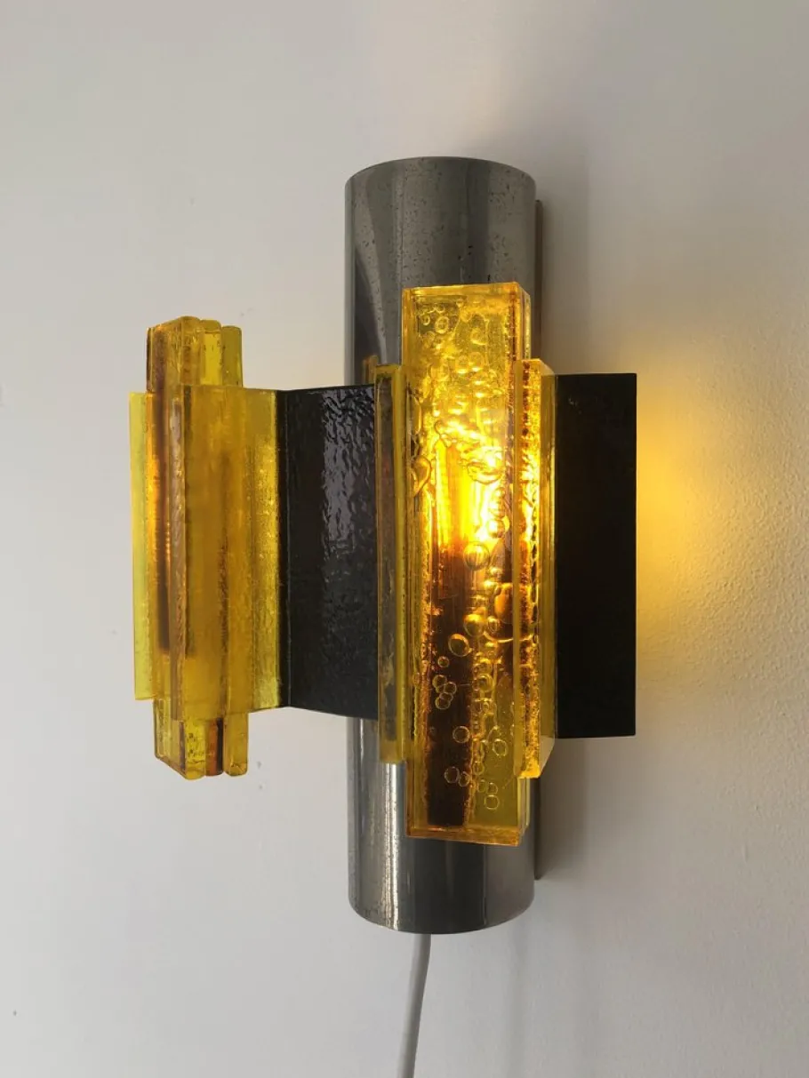 New Pamono Space Age Yellow Acrylic and Chrome Wall Lights by Claus Bolby, 1970s, Set of 2