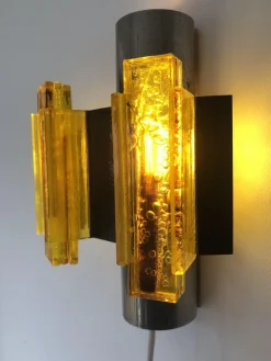 New Pamono Space Age Yellow Acrylic and Chrome Wall Lights by Claus Bolby, 1970s, Set of 2