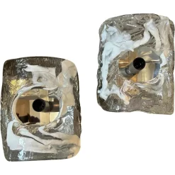 New Pamono Spage Age Clear and White Murano Glass and Steel Wall Sconces attributed to Mazzega, 1970s, Set of 2