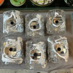 New Pamono Spage Age Clear and White Murano Glass and Steel Wall Sconces attributed to Mazzega, 1970s, Set of 2