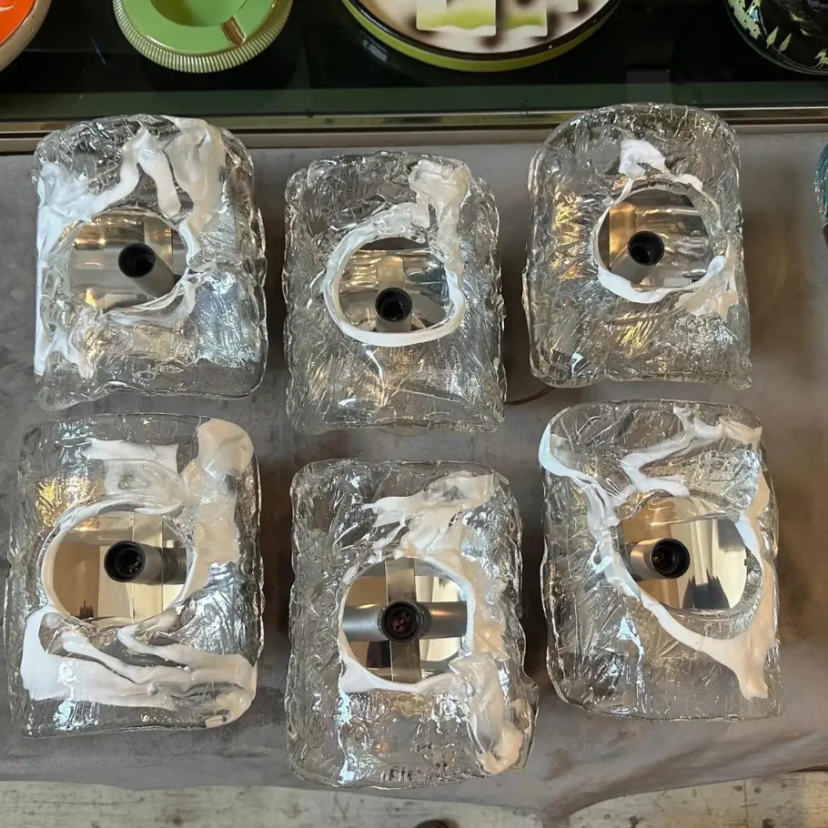 New Pamono Spage Age Clear and White Murano Glass and Steel Wall Sconces attributed to Mazzega, 1970s, Set of 2