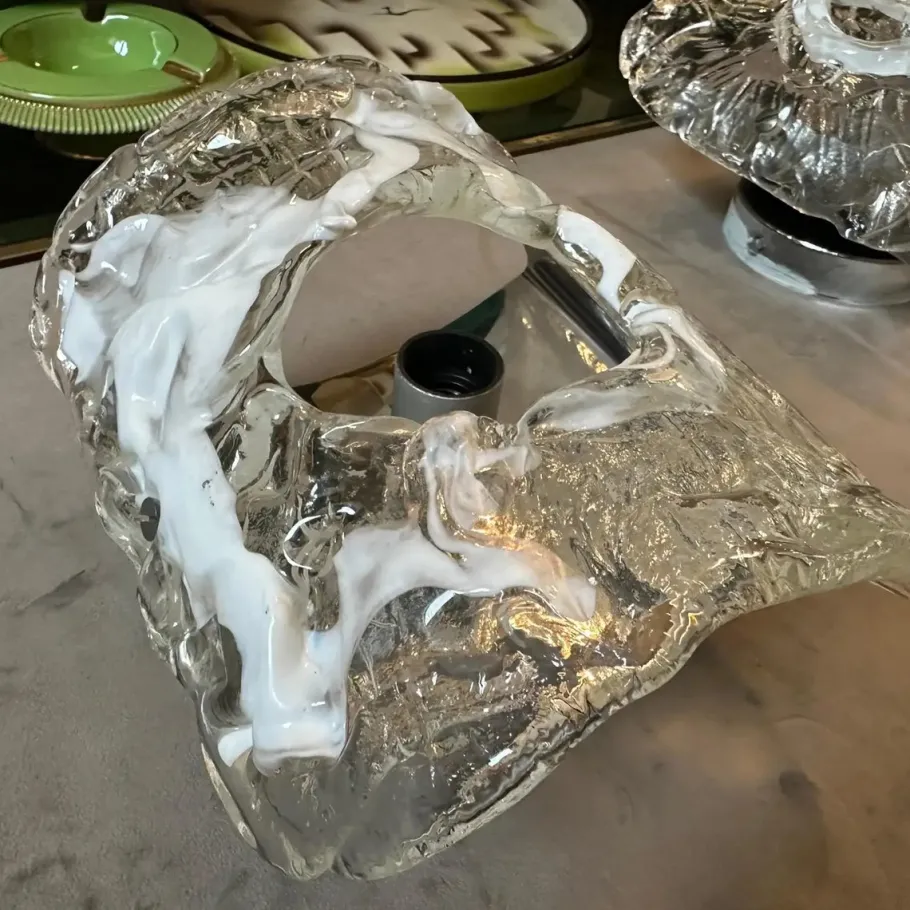 New Pamono Spage Age Clear and White Murano Glass and Steel Wall Sconces attributed to Mazzega, 1970s, Set of 2