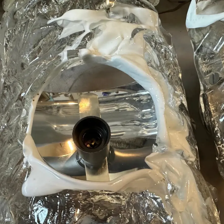 New Pamono Spage Age Clear and White Murano Glass and Steel Wall Sconces attributed to Mazzega, 1970s, Set of 2