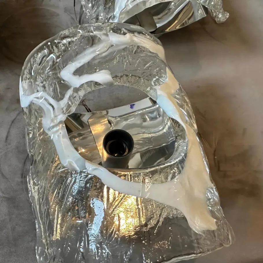 New Pamono Spage Age Clear and White Murano Glass and Steel Wall Sconces attributed to Mazzega, 1970s, Set of 2