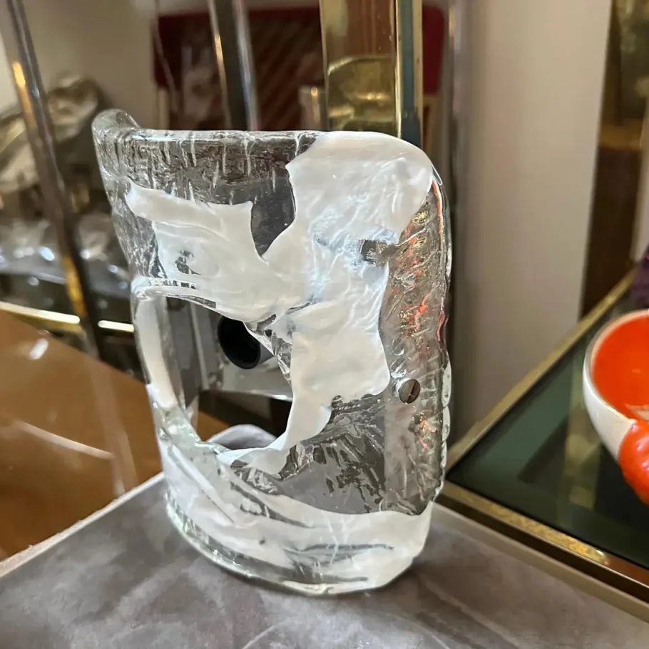 New Pamono Spage Age Clear and White Murano Glass and Steel Wall Sconces attributed to Mazzega, 1970s, Set of 2