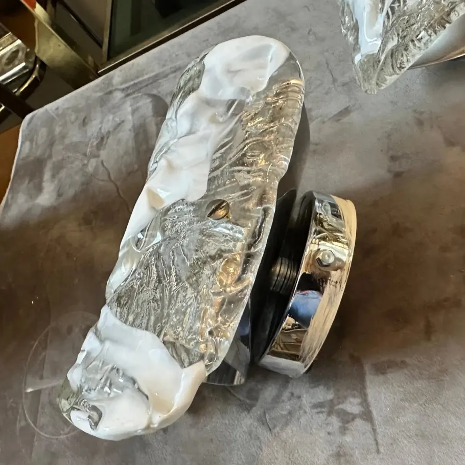 New Pamono Spage Age Clear and White Murano Glass and Steel Wall Sconces attributed to Mazzega, 1970s, Set of 2