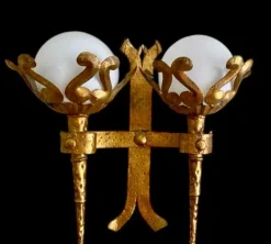 Clearance Pamono Spanish Wall Light in Gilt Iron with Milk Glass Globes, 1950, Set of 2