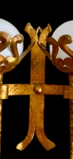 Clearance Pamono Spanish Wall Light in Gilt Iron with Milk Glass Globes, 1950, Set of 2