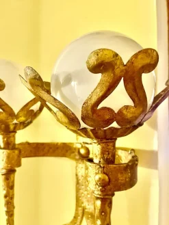 Clearance Pamono Spanish Wall Light in Gilt Iron with Milk Glass Globes, 1950, Set of 2