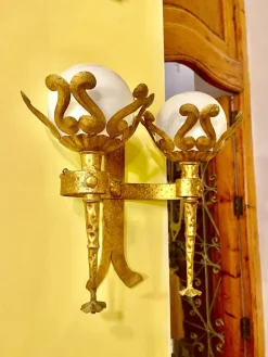 Clearance Pamono Spanish Wall Light in Gilt Iron with Milk Glass Globes, 1950, Set of 2