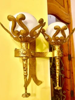 Clearance Pamono Spanish Wall Light in Gilt Iron with Milk Glass Globes, 1950, Set of 2