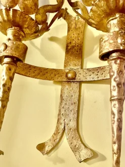 Clearance Pamono Spanish Wall Light in Gilt Iron with Milk Glass Globes, 1950, Set of 2