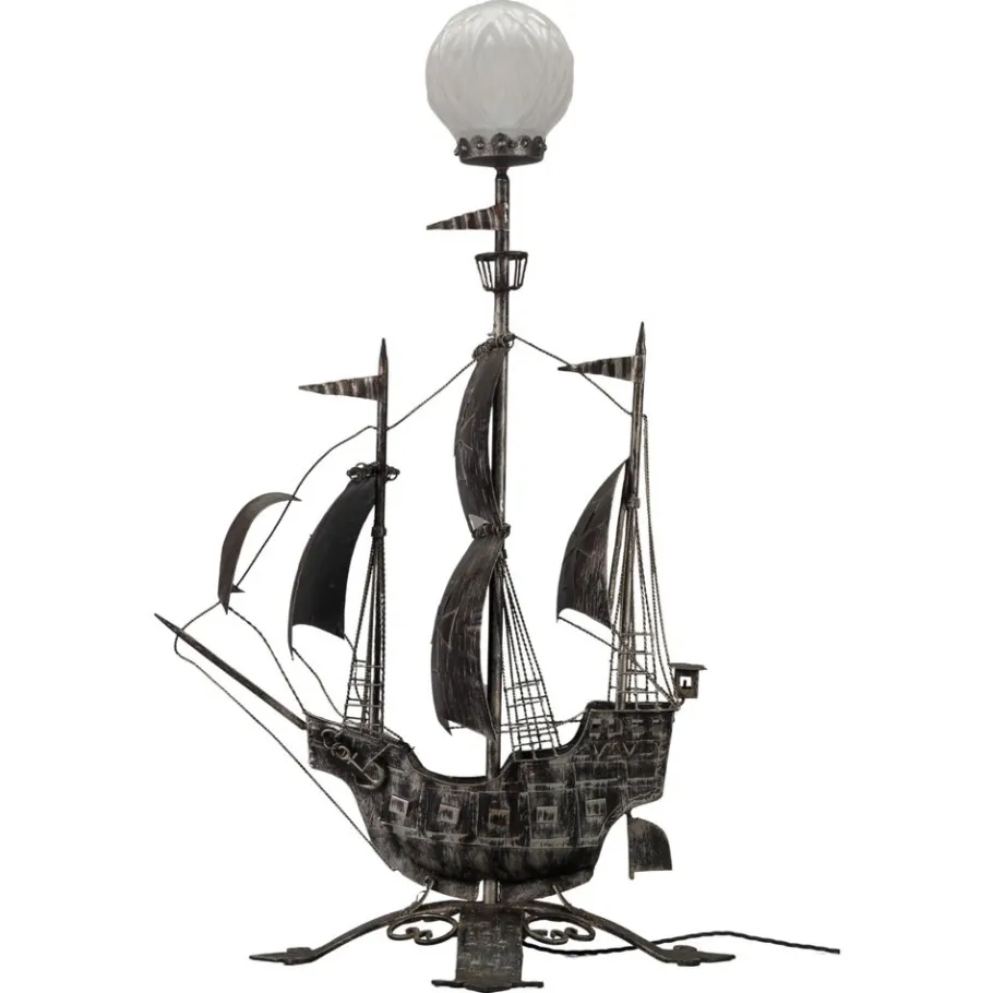 New Pamono Spanish Wrought Iron and Glass Galleon Sailing Ship Shaped Floor Lamp, 1950s