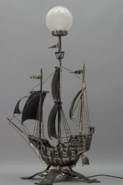 New Pamono Spanish Wrought Iron and Glass Galleon Sailing Ship Shaped Floor Lamp, 1950s