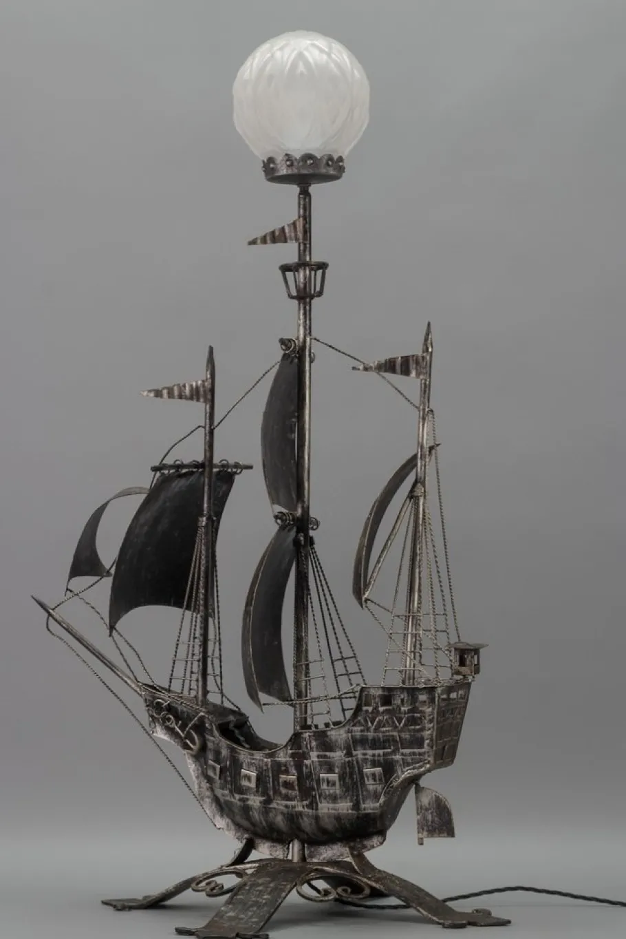 New Pamono Spanish Wrought Iron and Glass Galleon Sailing Ship Shaped Floor Lamp, 1950s