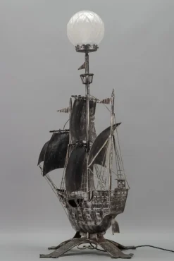 New Pamono Spanish Wrought Iron and Glass Galleon Sailing Ship Shaped Floor Lamp, 1950s