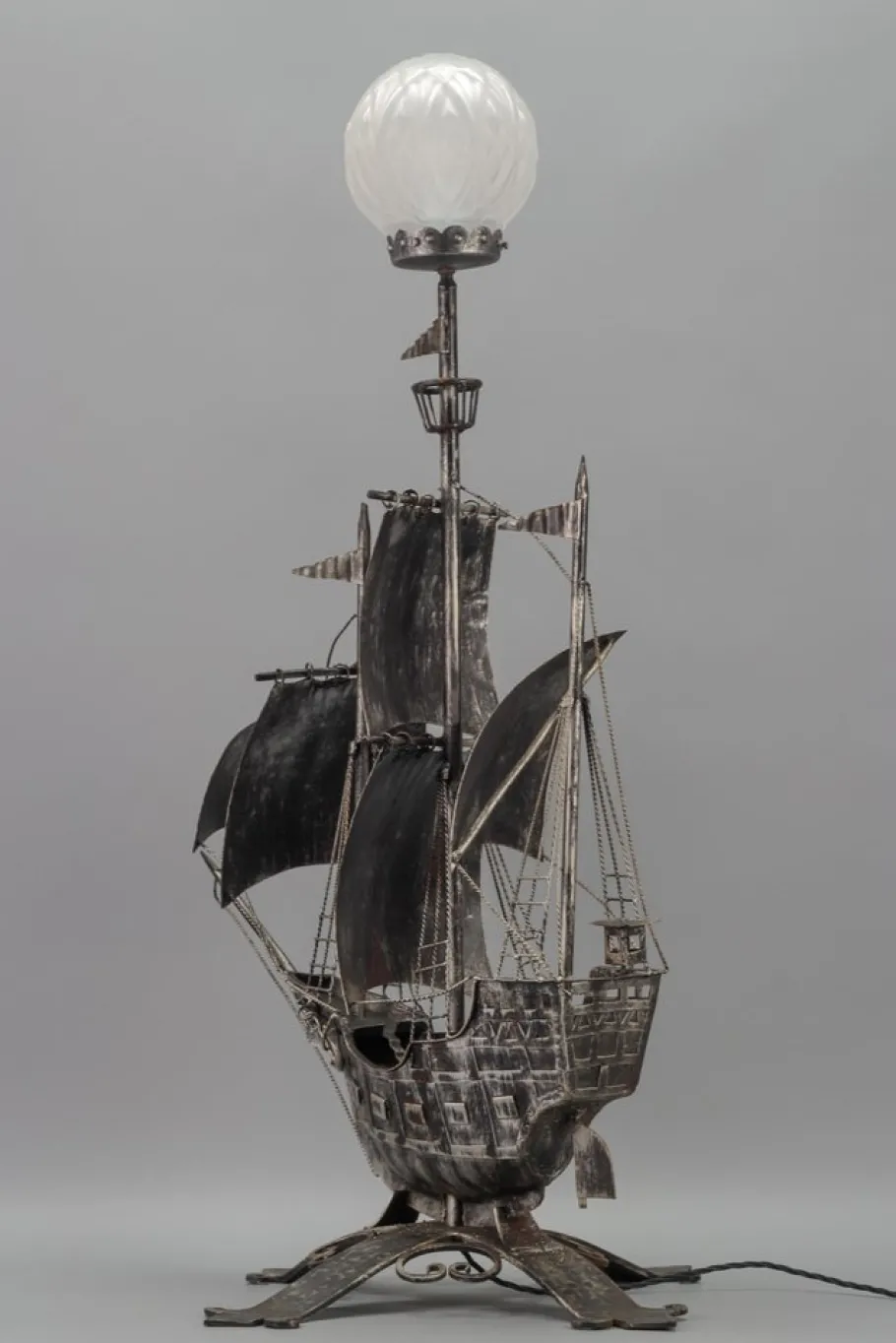 New Pamono Spanish Wrought Iron and Glass Galleon Sailing Ship Shaped Floor Lamp, 1950s