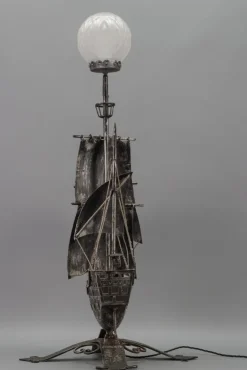 New Pamono Spanish Wrought Iron and Glass Galleon Sailing Ship Shaped Floor Lamp, 1950s