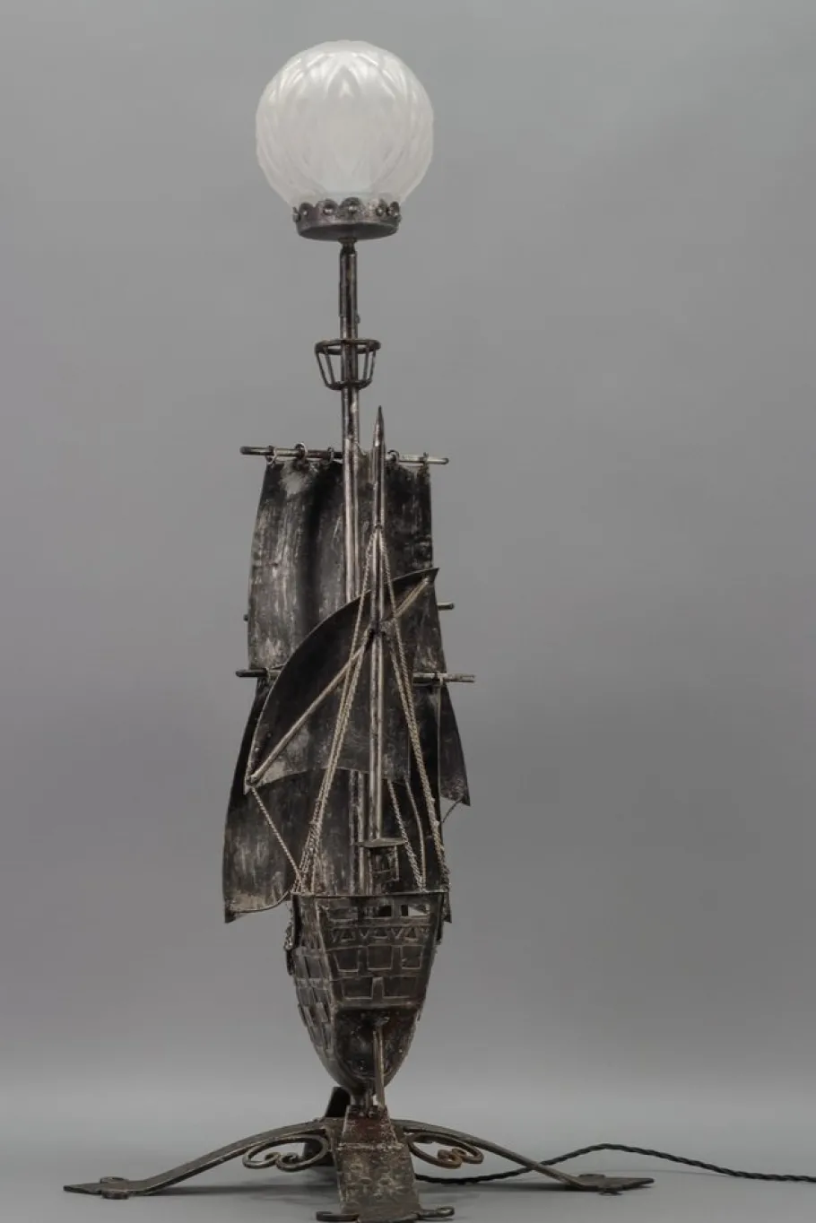 New Pamono Spanish Wrought Iron and Glass Galleon Sailing Ship Shaped Floor Lamp, 1950s