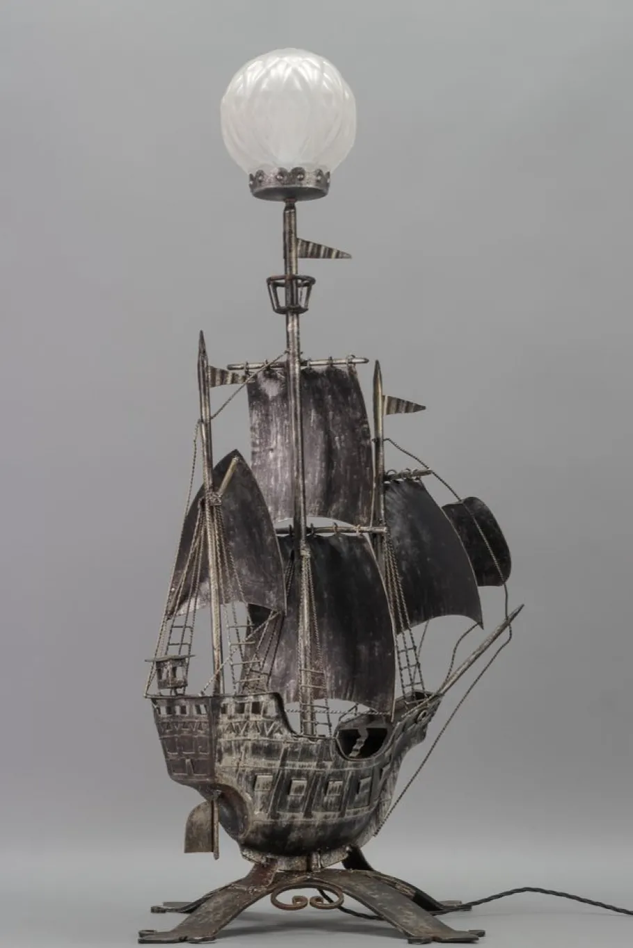 New Pamono Spanish Wrought Iron and Glass Galleon Sailing Ship Shaped Floor Lamp, 1950s