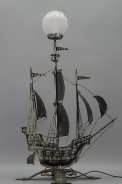 New Pamono Spanish Wrought Iron and Glass Galleon Sailing Ship Shaped Floor Lamp, 1950s