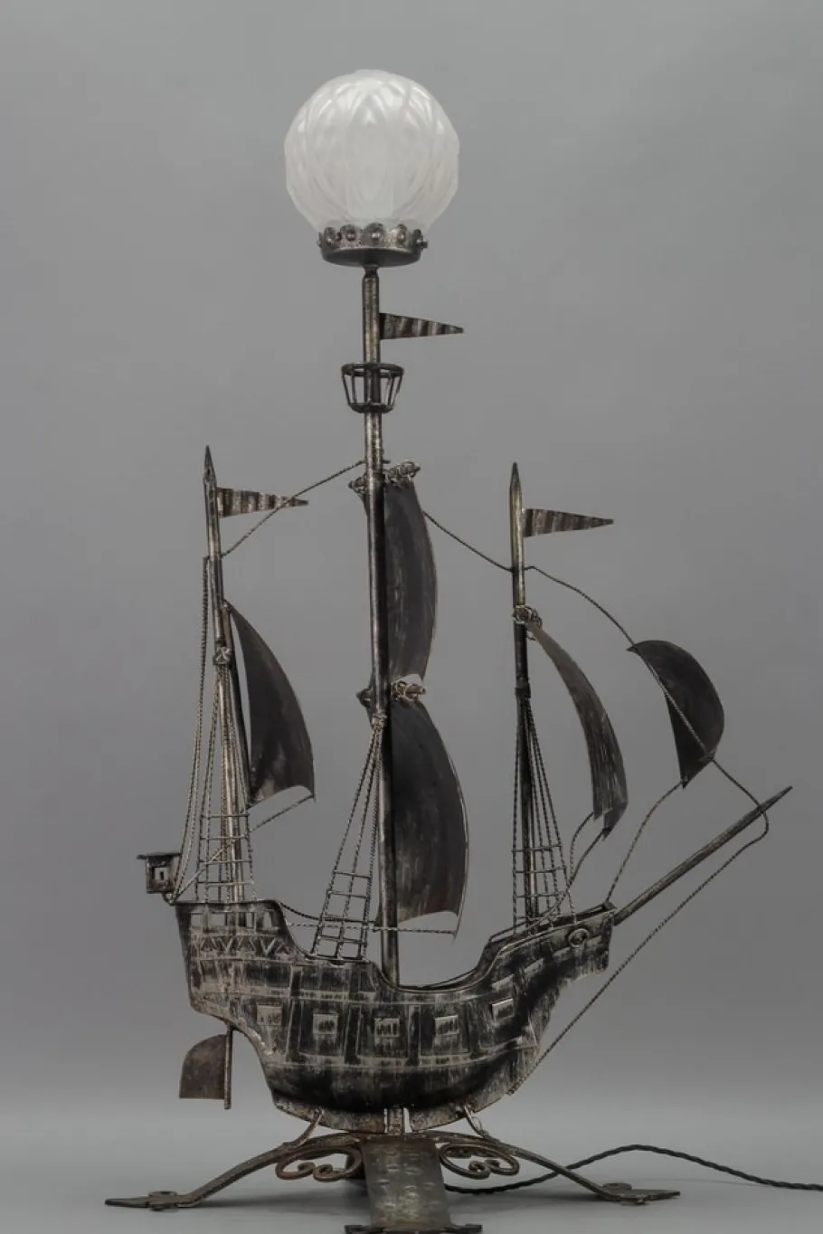 New Pamono Spanish Wrought Iron and Glass Galleon Sailing Ship Shaped Floor Lamp, 1950s