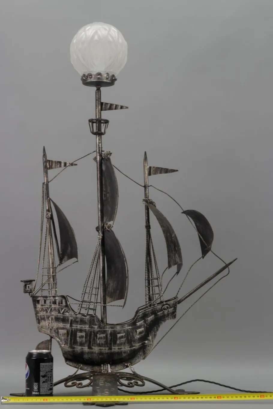 New Pamono Spanish Wrought Iron and Glass Galleon Sailing Ship Shaped Floor Lamp, 1950s