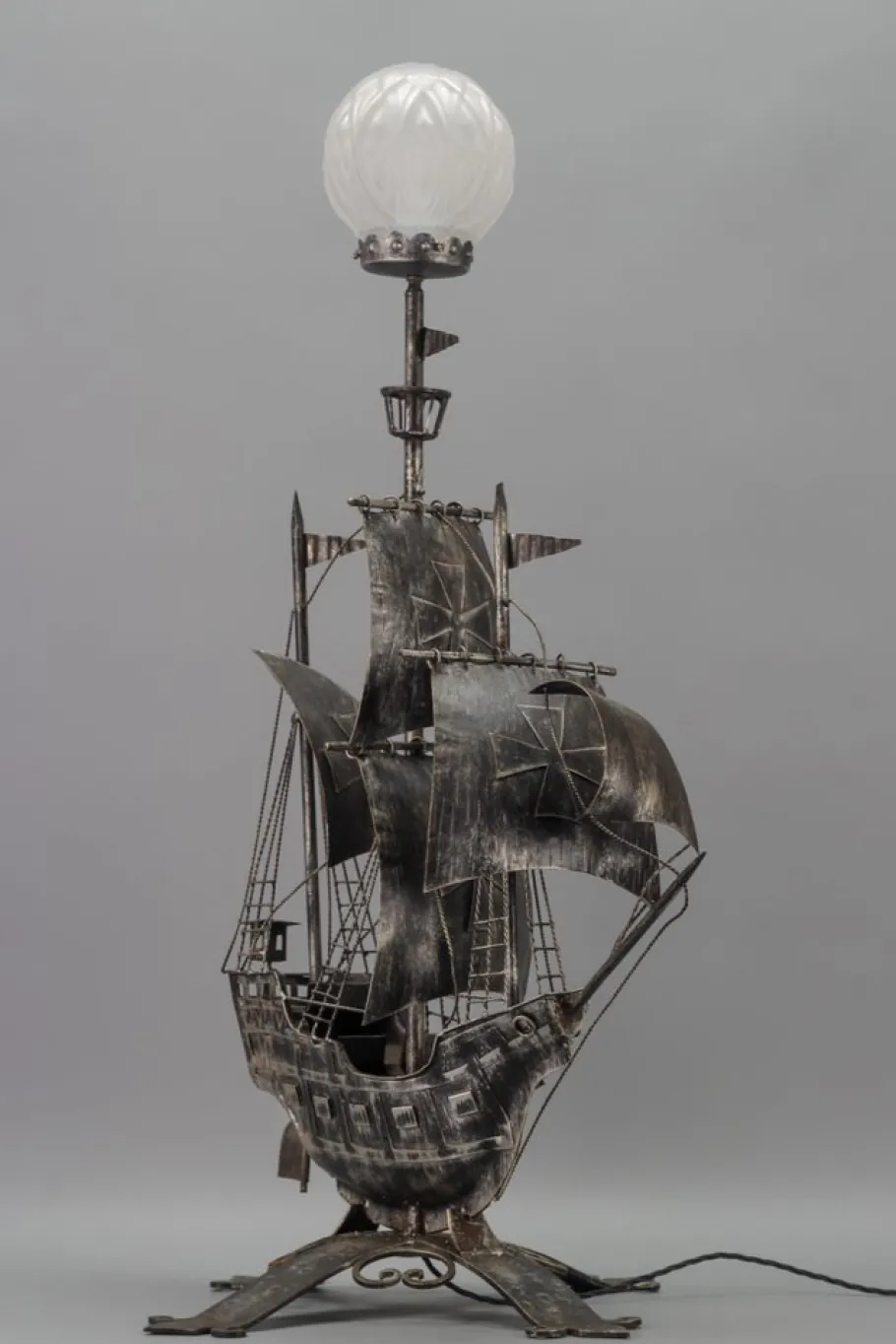 New Pamono Spanish Wrought Iron and Glass Galleon Sailing Ship Shaped Floor Lamp, 1950s