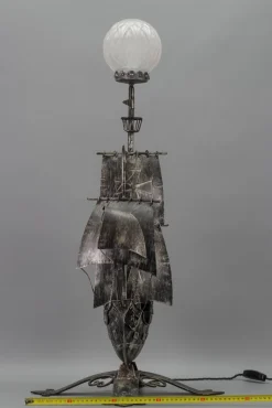 New Pamono Spanish Wrought Iron and Glass Galleon Sailing Ship Shaped Floor Lamp, 1950s